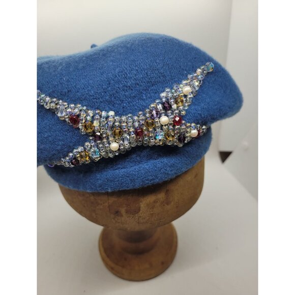 Womens VTG Blue Wool Beret Beaded Embellishments 1980s Boho French Chic City - Picture 2 of 4